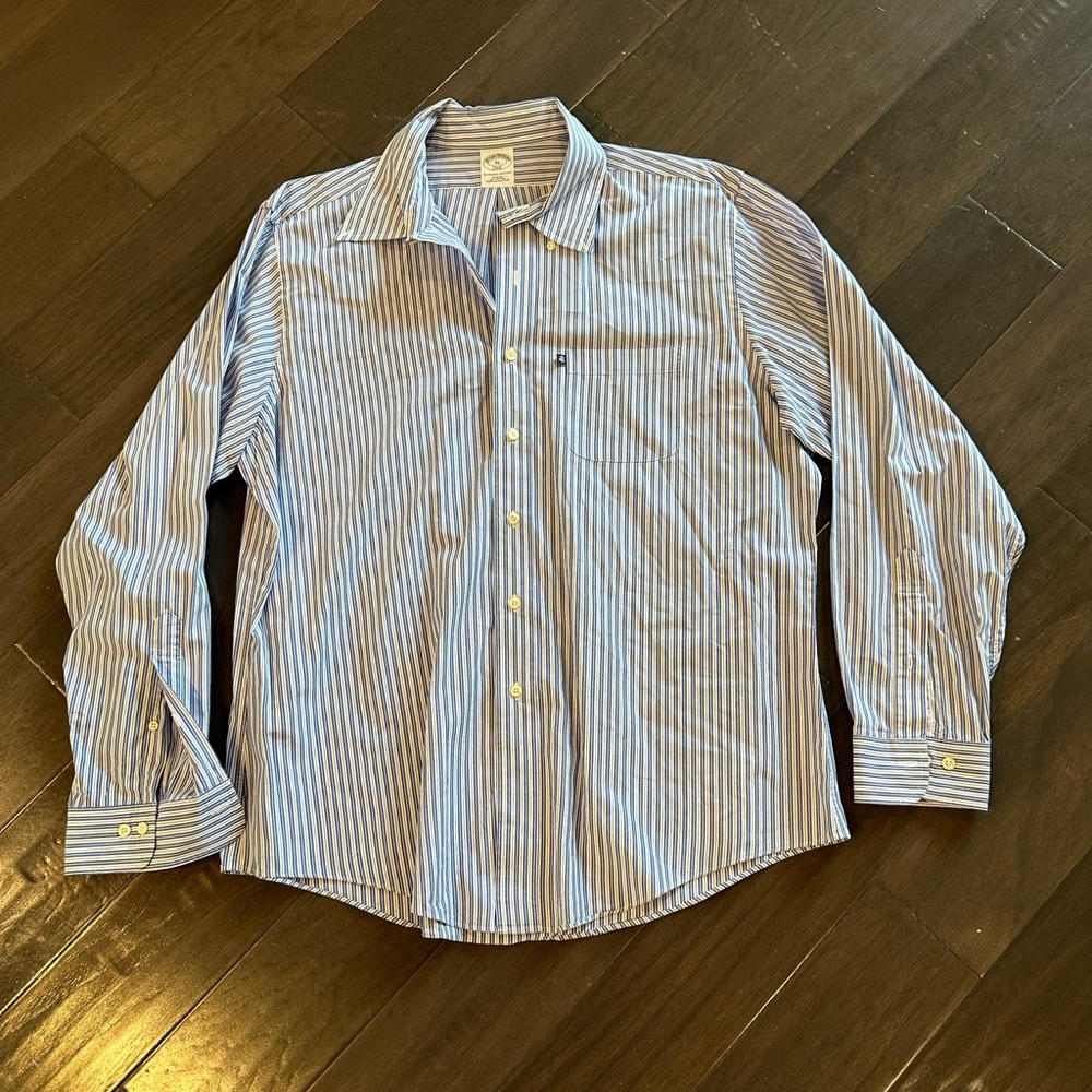 Brooks Brothers Slim Fit White & Blue Striped Long Sleeve Dress Shirt Size XL